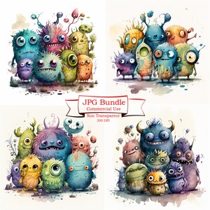 Grupo de colección de monstruos amigables: diseños de imágenes prediseñadas caprichosas, libros infantiles, arte de pared, pegatinas digitales, proyectos de bricolaje, uso comercial