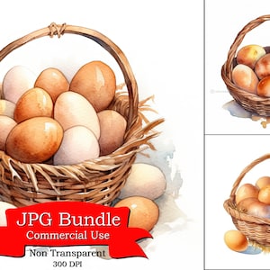 Huevos marrones de pollo en imágenes prediseñadas de cesta, acuarela, elaboración de papel digital, planificador digital, paquete de diseños POD, imágenes prediseñadas para pegatinas digitales.