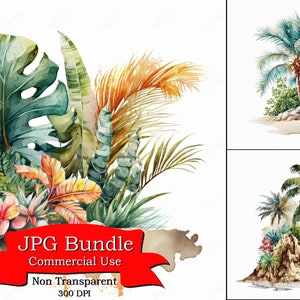 Tropisch strand clipart: zon, zand, sereniteit, JPG-formaat, niet-transparante achtergrond, perfect voor projecten met strandthema, zomerevenementen