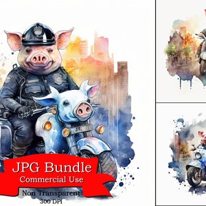 Varken clipart, varken politieagent rijden motorfiets door stad, aquarel clipart van varken honden avontuur, 300 DPI