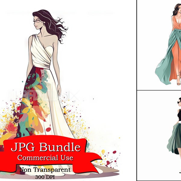 Women Clipart, Full Body of a Female in a Fashionable Dress: Elegant and Stylish Clipart, Commercial Use, 300 DPI