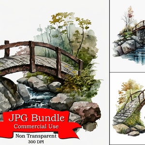 Brug over de stroom clipart: aquarel platteland landschap, niet-transparante achtergrond, rustige natuur-geïnspireerde projecten commercieel gebruik