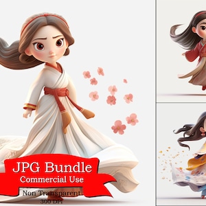 Linda princesa asiática 3D dançando, clipart de menina, download digital, fundo não transparente, uso comercial, 300 DPI, ilustração de princesa
