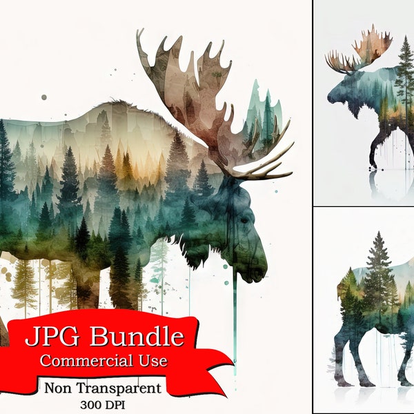 Bull Moose Clipart, Double Exposure of a Bull Moose and a Forest: Natural and Majestic Wildlife Artwork, Commercial Use, 300 DPI