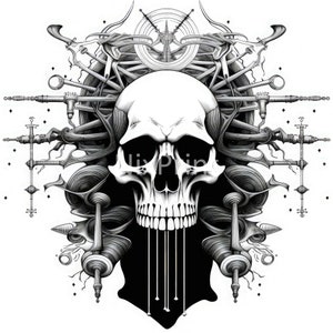 May include: A black and white illustration of a skull with intricate details. The skull is surrounded by a complex design of swirling lines and shapes.