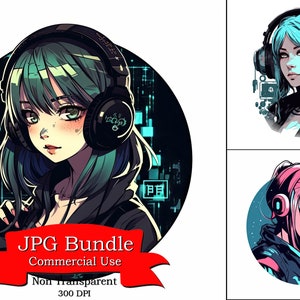 Clipart de garota cyberpunk, ícone de garota bonita: estilo anime, fofo, kawaii, fone de ouvido e formato JPG em fundo branco, uso comercial, 300 DPI