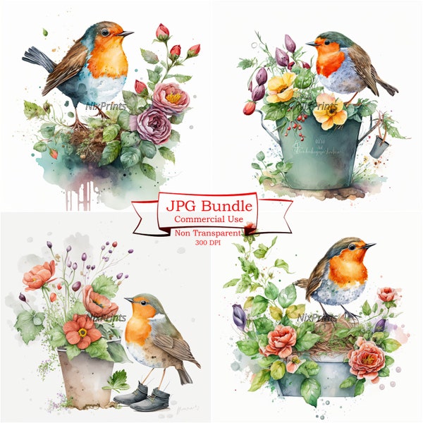 Robin Bird Clipart, Spring Flowers Gardening Theme, Digital Downloads, High Quality JPGs for Commercial Use, Watercolor illustrations