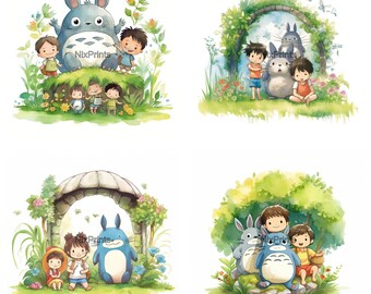 Cute Japanese Kids Playing With Totoro Clipart, Wall Art for