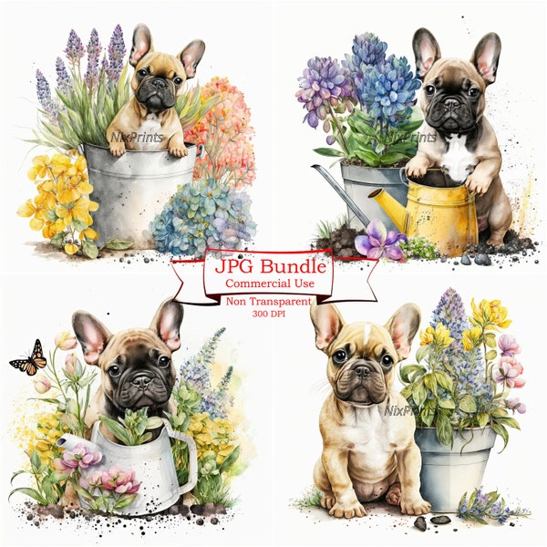 French Bulldog Spring Flowers Clipart Set, Digital Image Downloads for Commercial Use, Floral elements perfect for creative projects