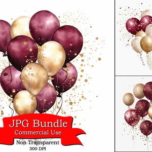Bourgondische en gouden ballonnen Clipart, Glitter Effect, JPG-formaat, Digital Paper Crafting, Digital Planner, POD, Clipart voor digitale stickers.