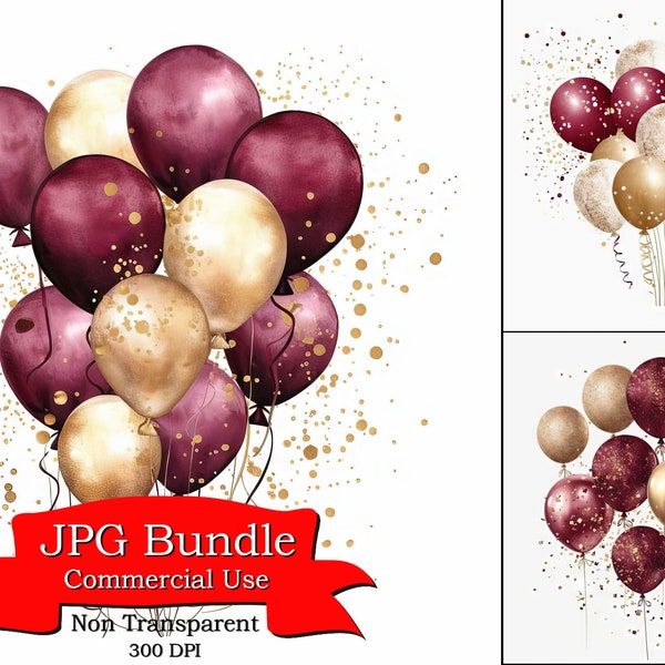 Burgundy and Gold Balloons Clipart, Glitter Effect, JPG Format,Digital Paper Crafting, Digital Planner, POD , Clipart For Digital Stickers.