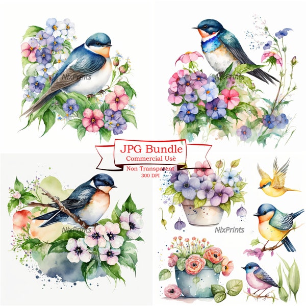 Graceful Swallows clipart , Spring Swallow Bird Clipart Set, A Symbol of Freedom and Hope 16 High quality 300 dpi jpg  ,Digital Watercolor