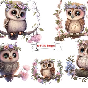 Aquarela Celestial Cute Owls Clipart Bundle - clipart de coruja fantasia em formato PNG em fundo transparente Download instantâneo CommerciaUse