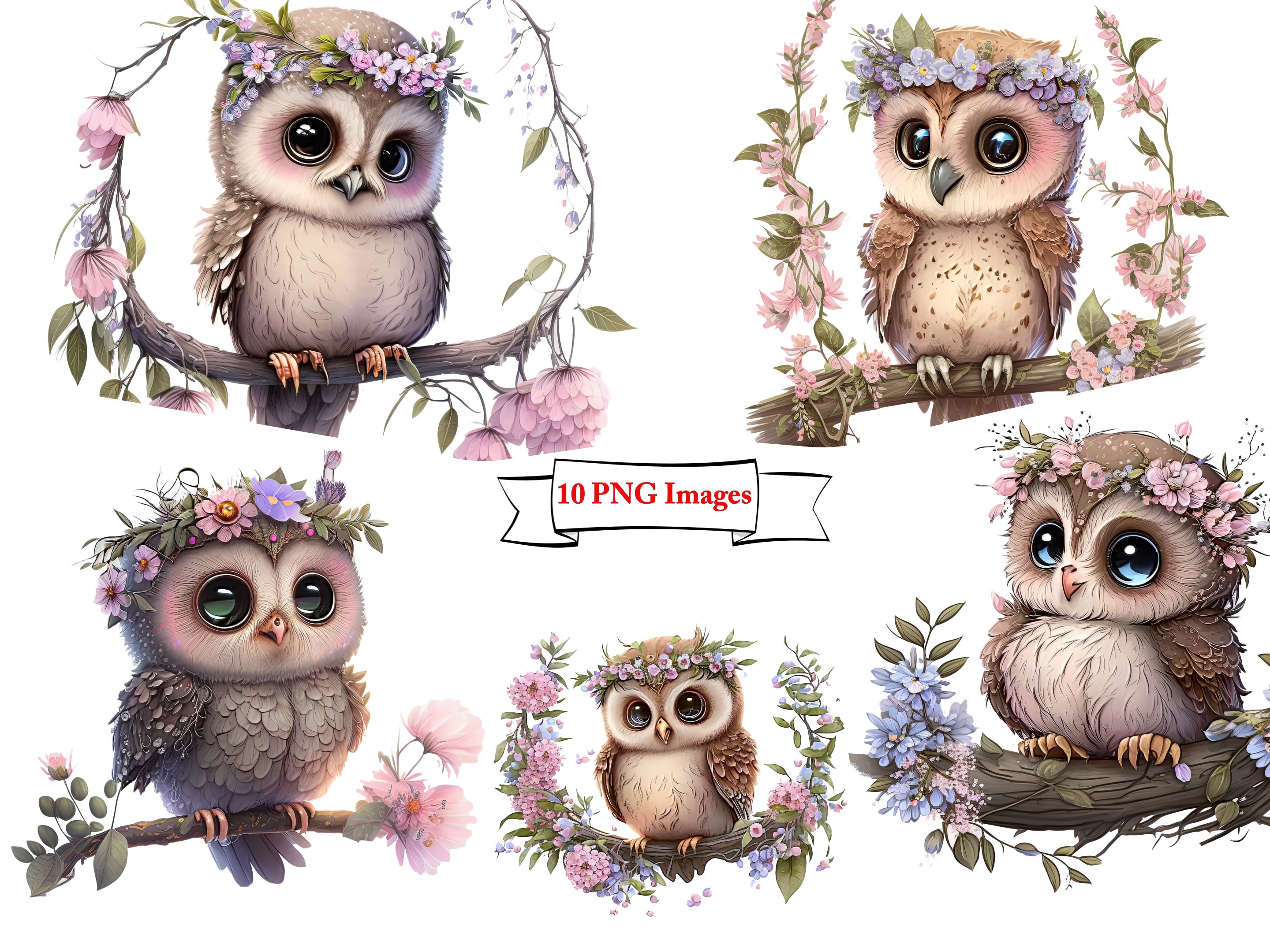 Watercolor Celestial Cute Owls Clipart Bundle - fantasy owl clip art in PNG format in Tranparant Bac