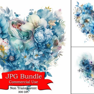 Coroa de flores em formato de coração azul: clipart romântico e delicado, arte contemporânea, uso comercial, 300 DPI