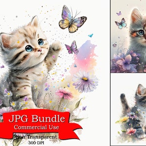 Clipart de gatinho, gatinho adorável brincando com borboletas e flores: clipart aquarela, felino fofo, uso comercial, 300 DPI, criação de cartão