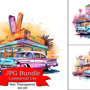 Vintage Autos Clipart, Diner Clipart, Neon Schilder, JPG Format Digital Paper Crafting Digital Planner, POD Designs, Clipart für digitale Aufkleber