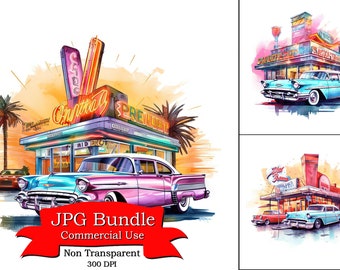 Vintage Cars Clipart, Diner Clipart,Neon Signs, JPG FormatDigital Paper Crafting Digital Planner, POD Designs, Clipart For Digital Stickers