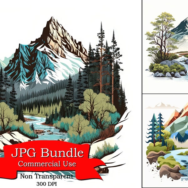 Mountain River Vector Graphic: A Scenic and Tranquil Clipart Depicting the Majestic Beauty of Nature, Commercial Use, 300 DPI