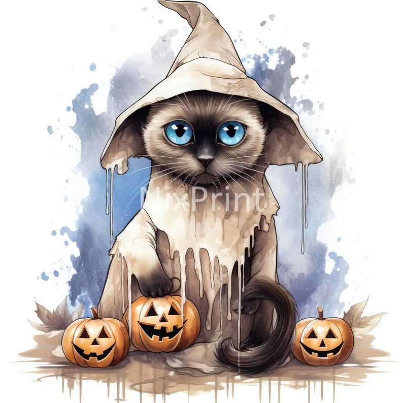 Siamese Clipart, Cat Clipart, Spooky Halloween Costume, Ghost, Witch Clipart, Design For Bag, Wall Art For Kids, Designs For Bags image 1