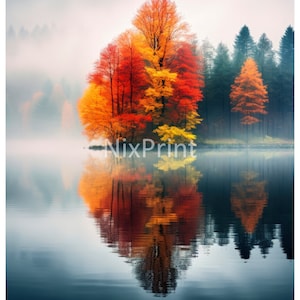 Bellissimo lago Clipart, Clipart foresta colorata, Adesivo digitale per bicchiere, Poster per ragazzi, Immagine per incisione laser, disegni autunnali