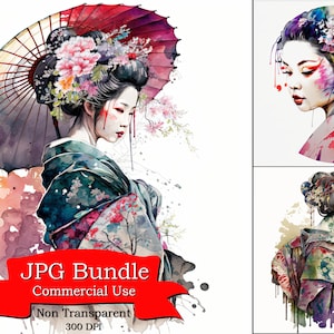 Colorful Geisha Clipart: imágenes prediseñadas de arte tradicional japonés, fondo no transparente, uso comercial de proyectos culturales y artísticos