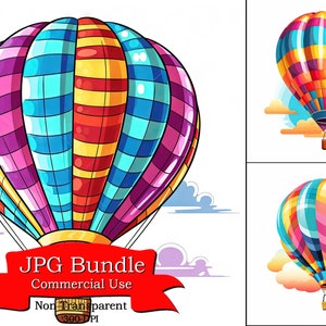 Imágenes prediseñadas de globos aerostáticos coloridos, ilustraciones, formato JPG, elaboración de papel digital, planificador digital, diseños POD, imágenes prediseñadas para pegatinas digitales.