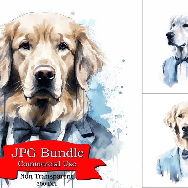 Golden Retriever Dreamy Silk Light Blue Colored Suit Watercolor Clipart, Design For Koozie, Print For The Office, Art For Frame