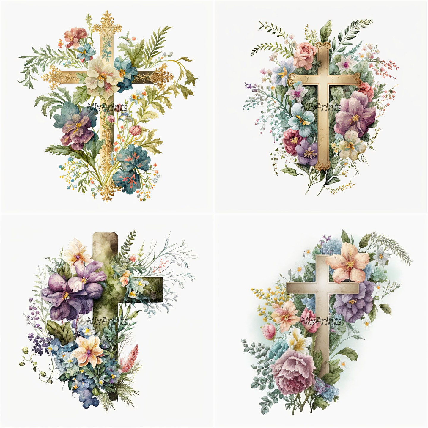 Floral Easter Cross Clipart Beautiful Spring Flowers Etsy