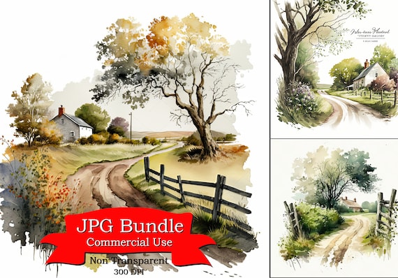 Country Lane Clipart: Peaceful Rural Landscape Cliparts, Non-Transparent Background, Ideal for Nature & Countryside Projects,300 dpi