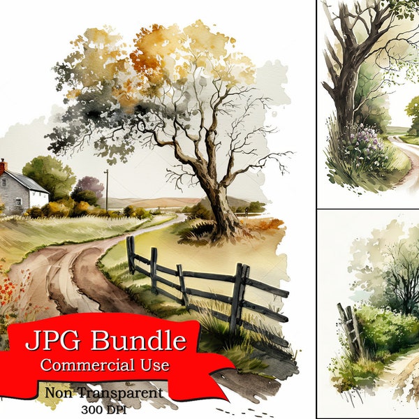 Country Lane Clipart: Peaceful Rural Landscape Cliparts, Non-Transparent Background, Ideal for Nature & Countryside Projects,300 dpi