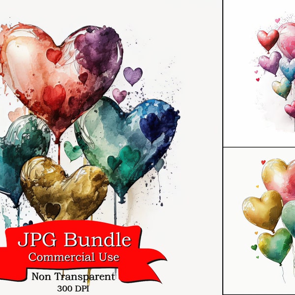 Heart Balloons Clipart: Colorful, Romantic Designs, JPG Format, Perfect for Valentine's Day & Love-Themed Projects ,commercial use, 300 dpi