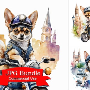 Chihuahua Dog Clipart, Chihuahua Police Officer Riding Motorcycle Through City, Watercolor Clipart of Courageous Canine Adventure, 300 DPI.