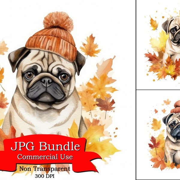 Cute Pug Dog Fall Foliage Clipart, Pug in Hat, Art For Nurses, Background For Banner, Art For Kids Hub, Background For Banner