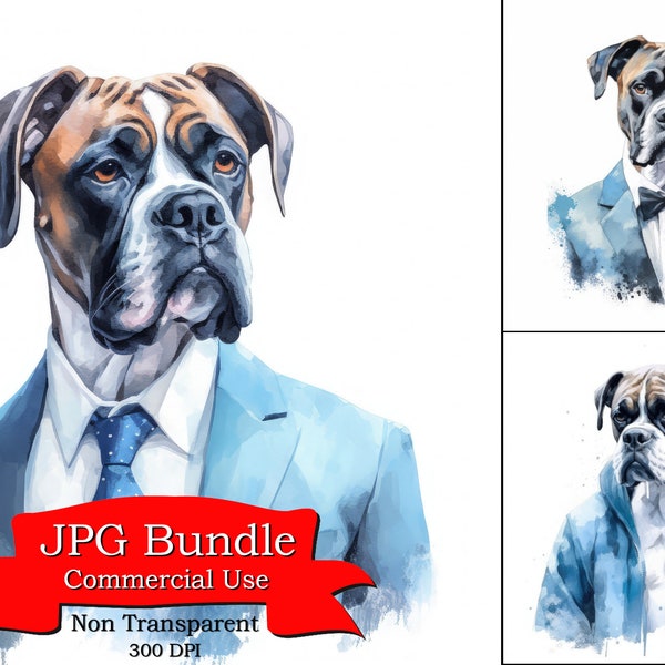 Boxer Dog Dreamy Silk Light Blue Colored Suit Watercolor Clipart, Background For Tshirt Mockup, Image For Kids, Art For Interior Designers
