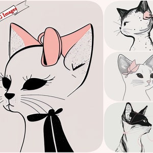 Adorable Funny Doodle Cats  with bow on head Bundle | Vector Cliparts, Clip Art and Line Art JPGs | Ideal for Cricut and Animal Lovers