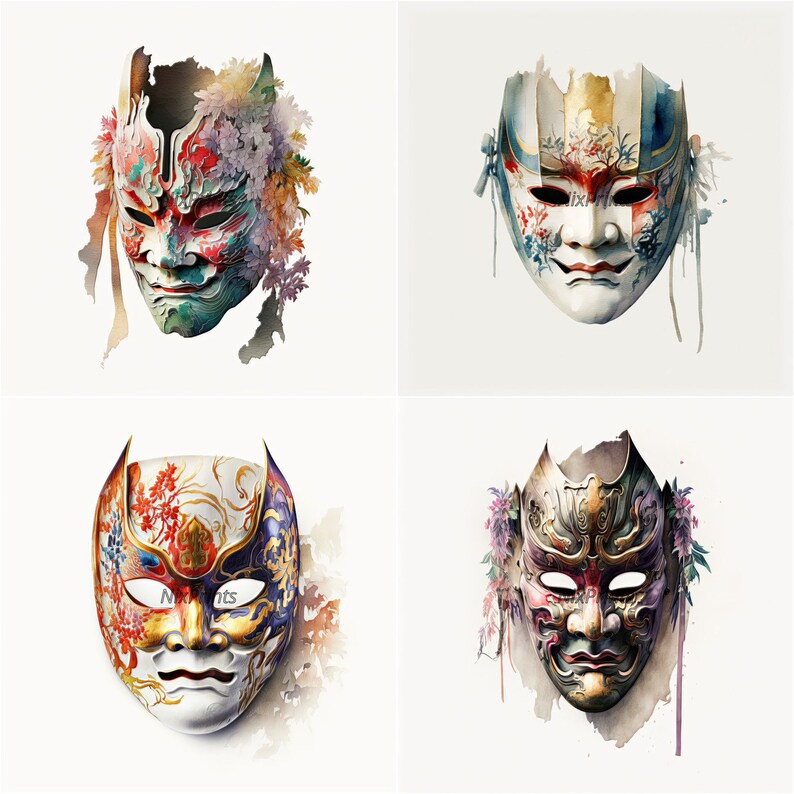 Traditional Japanese Mask Watercolor Clipartcultural Art Etsy
