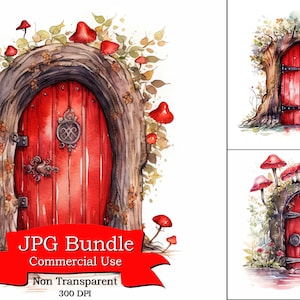 Red Fairy Door Watercolor Clipart , Mystical theme ,Digital Paper Crafting, Digital Planner, POD Designs Bundle, Commercial Use,300 DPI.