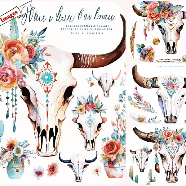 Watercolor Bull Skull with Elements , Clipart of Native American Stylized Bull Skull with Flowers, cactus ,jpg with besutifull elements.