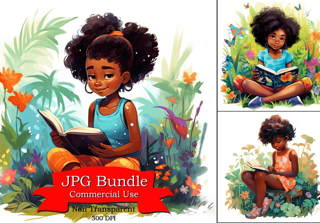 Black Child Girl Clipart, Reading Book Clipart, Craft for Grandpa ...