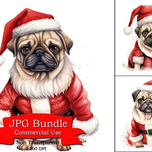 以下が含まれることがあります： サンタの帽子と赤と白のサンタの衣装を着たパグ3匹のデジタルイラスト。パグはそれぞれ異なるポーズをとっており、背景は雪が降る白い背景です。