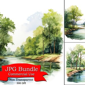 Hermoso río Clipart, árbol acuarela clipart, arte para la familia, imagen para el padre, cartel para caballetes, imagen para la mesa, diseños de verano