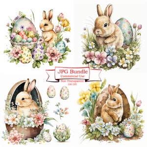 Bunny Easter with Eggs and Flowers, Fantasy Clipart - Magical Spring Celebration, Floral Designs, 300 dpi, High Quality JPGs, Commercial Use