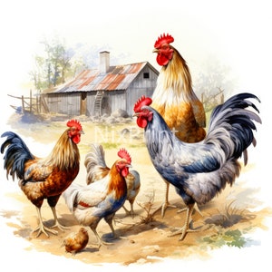 Vintage Roosters Painting Clipart, Poster For Boys, Designs For Business Cards, Digital Sticker For Tshirt, Picture For Frame Tv