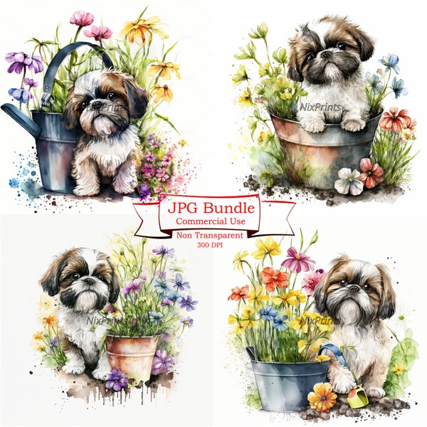 Shih Tzu Puppy Clipart, Spring Flowers Clipart, Digital Digital Shih Tzu Downloads, Dog Clipart Cool dog, Card Making, Planner Supplies