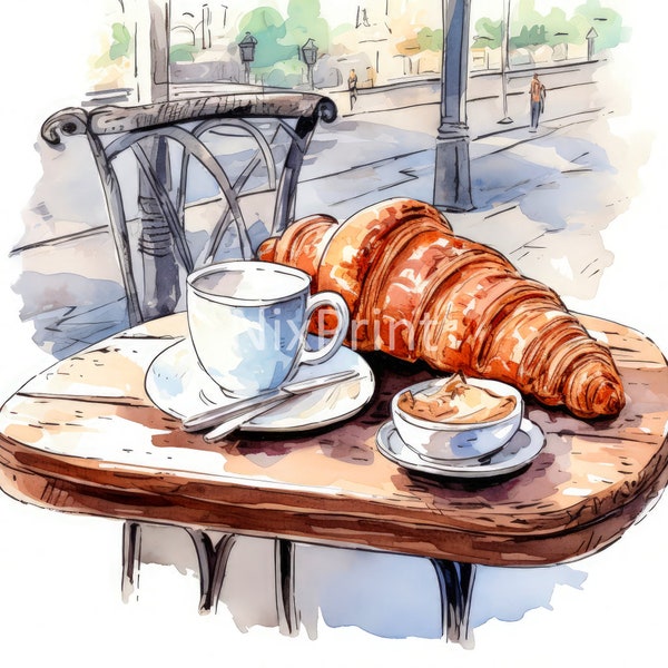 Beautiful Table Clipart, Coffee and Croissant Clipart, Wall Art For Decor, Wall Art For Rv, Print For Bedroom, Wall Art For Restaurant