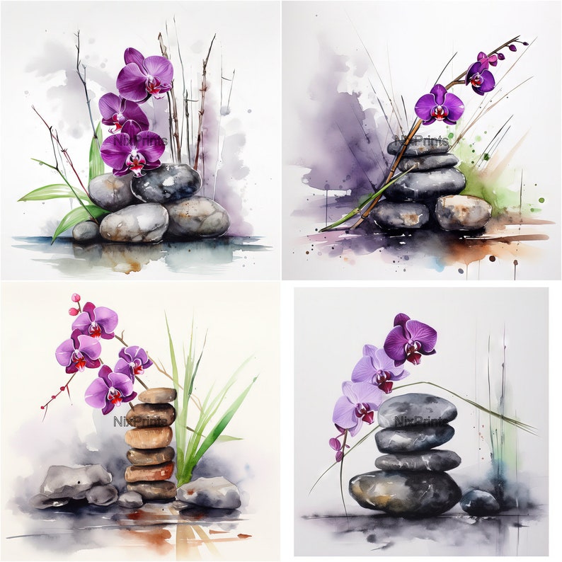 Orchid Bamboo & Stone Clipart Zen Watercolor Art Serenity Etsy