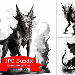 Imágenes Prediseñadas en blanco y negro de Hellhound: una imagen de imágenes prediseñadas feroz y mística para sus proyectos creativos, uso comercial, 300 DPI, fabricación de tarjetas