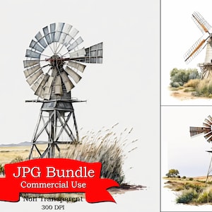 Charmant moulin à vent dans le champ Clipart : Clipart de campagne rustique pour les Invitations, Home Decor et projets créatifs, usage commercial