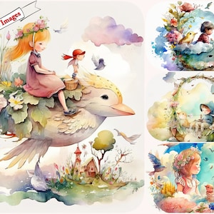 País das maravilhas mágico com conjunto de clipart de fantasia infantil caprichoso | Apresentando pássaros em aquarela, lindas garotas e criaturas mágicas, jpg.